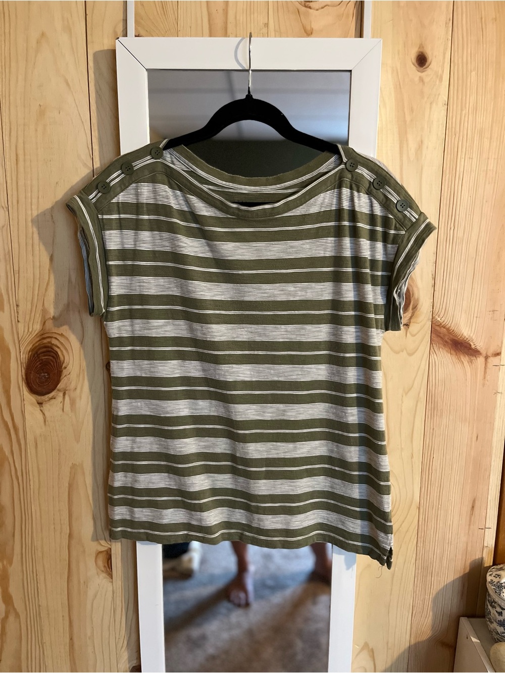 ☀️ $3/15☀️ Talbots Button Shoulder Green White Striped Tee